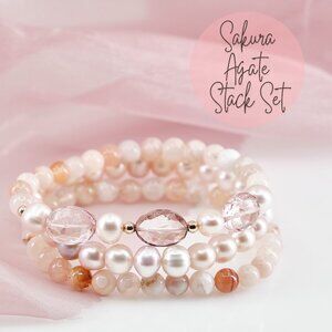 Pearl & Sakura Agate Stretch Bracelet Set of 3